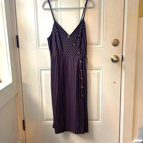 Popular Basics midi dress Sz L NWT Business Casual Striped Button Dress - Picture 1 of 5